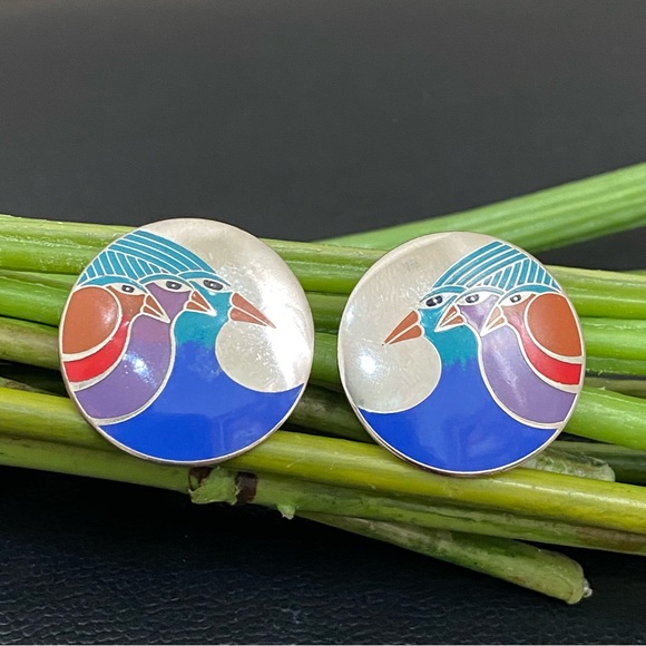 LAUREL BURCH Signed Celestial Birds Enamel Silver-tone Round Post Earrings 11.6g - Picture 3 of 12